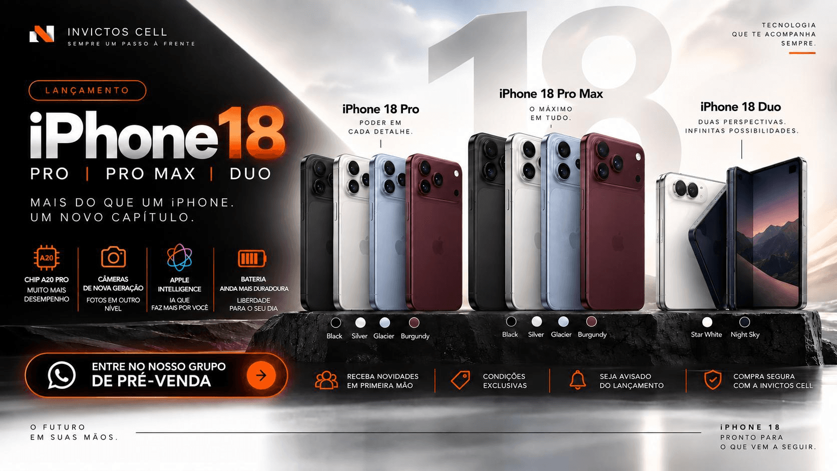 Lançamento iPhone 18 Pro, Pro Max e Duo na Invictos Cell — entre no grupo de pré-venda no WhatsApp